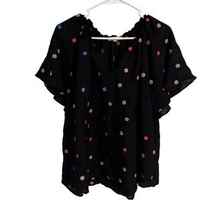 Fig + Flower Black Floral Embroidered Split V-Neck Flutter Sleeve Blouse 2X